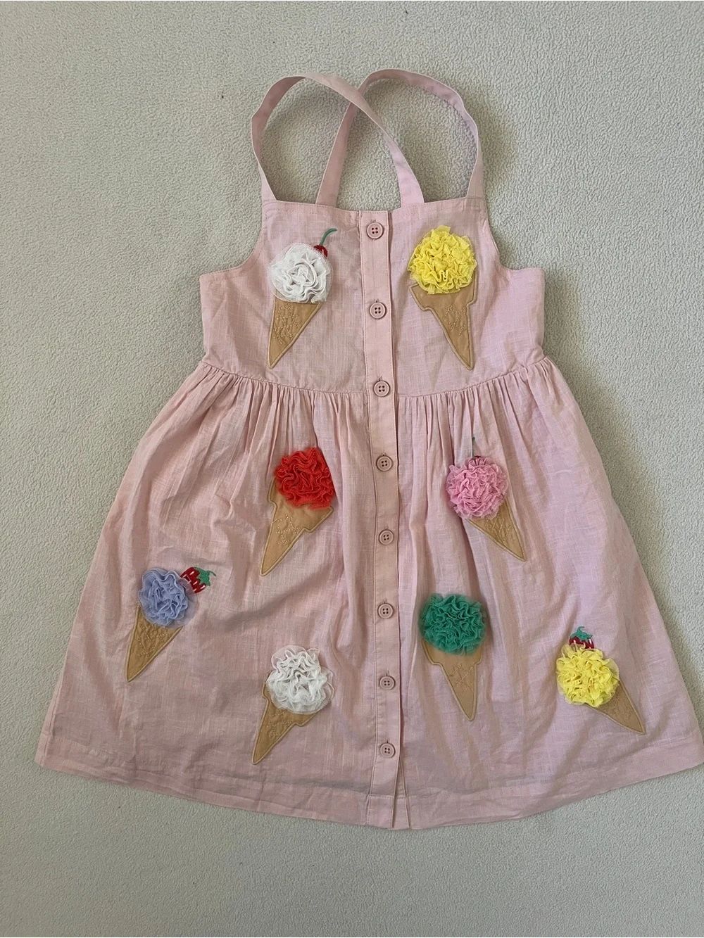 Mini Boden Ice Cream Button Embroidered Appliqué Summer Blush Pink Strap Dress